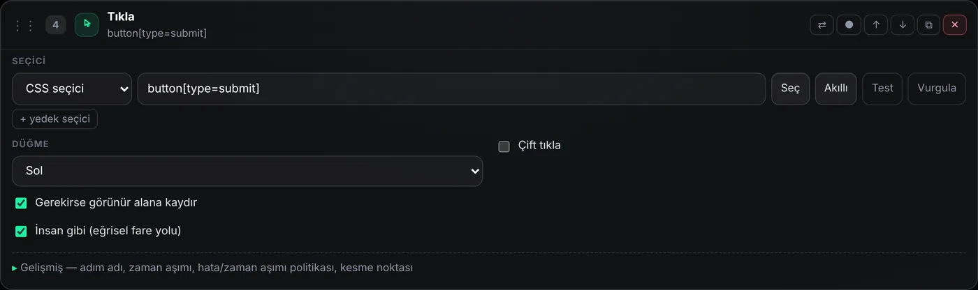 Seç, Akıllı, Test ve Vurgula seçici araçlarıyla Tıkla adımı